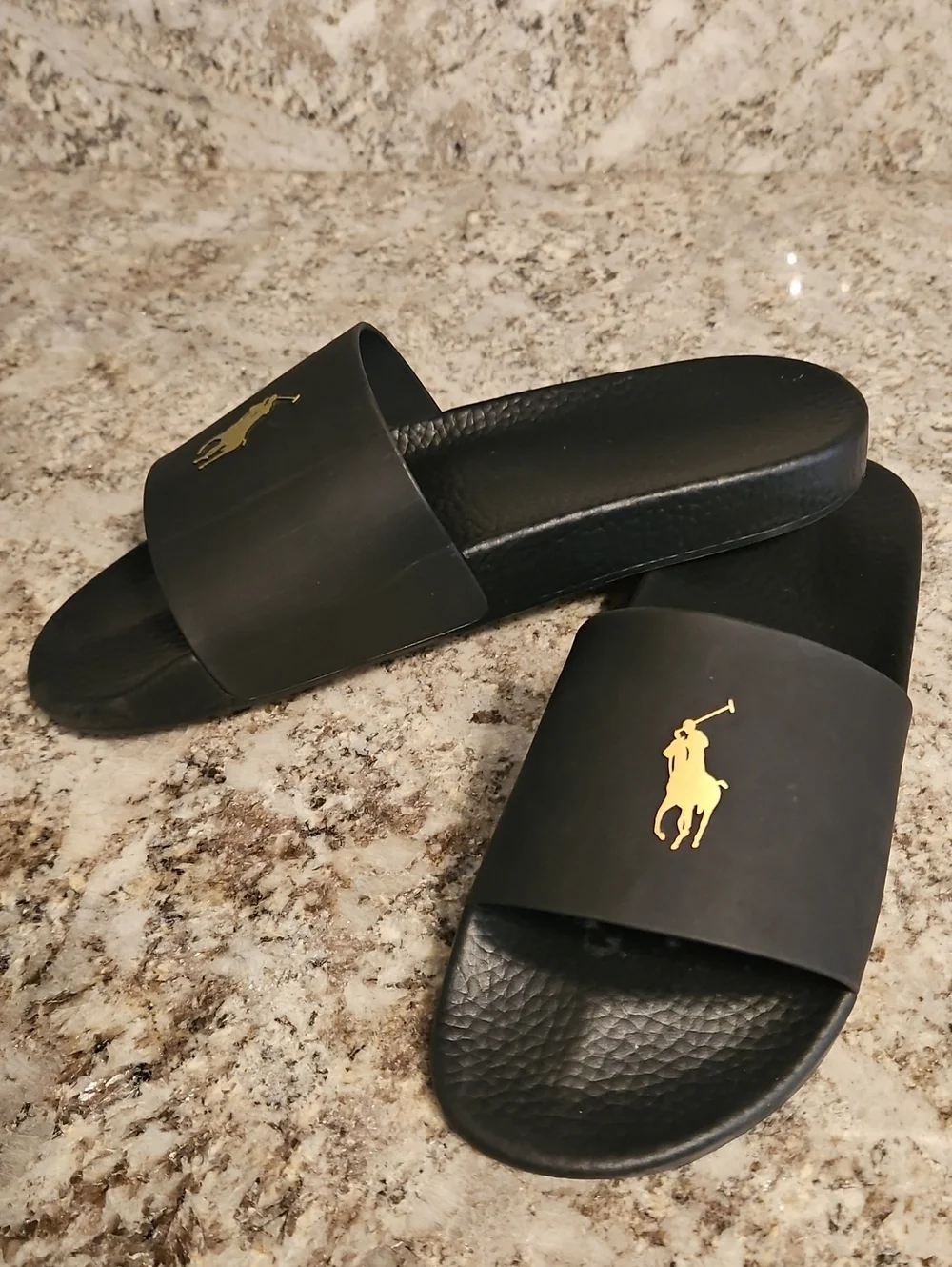 Polo by Ralph Lauren Black Slides with Gold Polo Emblem